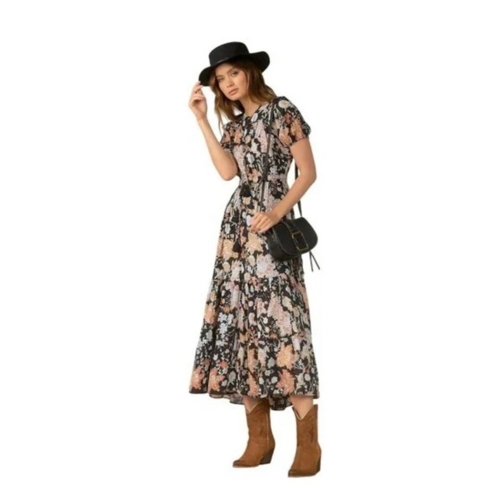 Elan Floral Boho Maxi Dress Black Multi Tiered Smocked Waist Tassel S NEW